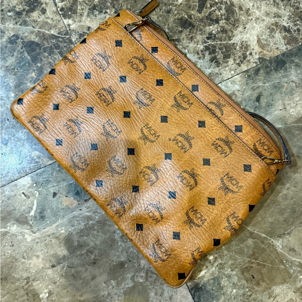 MCM Tan Toiletry Bag with Logo Pattern